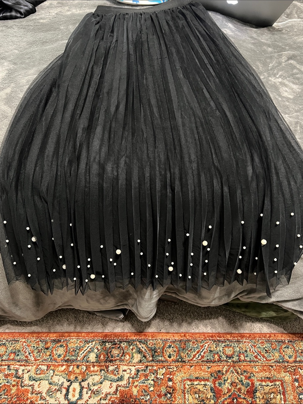 DR2 Black Pleated Tulle Maxi Skirt with Pearl Detail